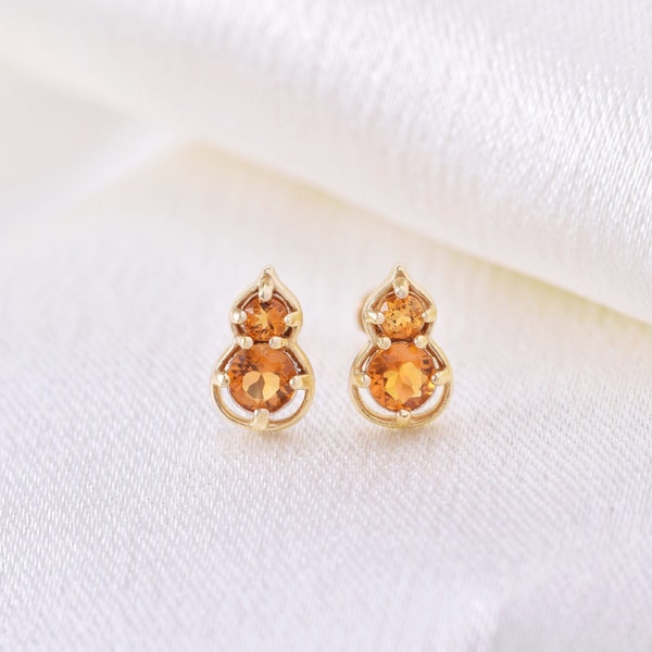 14K Solid Gold Calabash Shape Citrine Stud Earring/Threadless Push Pin/Earlobe Conch Helix Tragus Cartilage Earrings/Dainty Citrine Stud