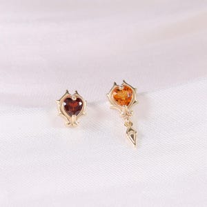 14k Solid Gold Dangle Garnet Heart Shape Stud/Citrine Cartilage Dangle Piercing/Helix Conch Tragus Earring/Labret Stud/Threadless Push Pin