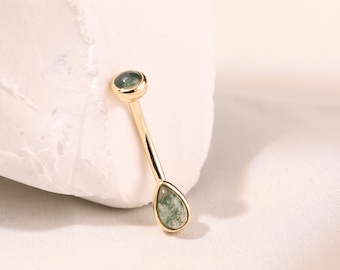 14K Solid Gold Moss Agate Internal Threaded Rook Earring Belly Button Ring Curved Barbell Earring Eyebrow Ring Rook Snug Navel Piercing 16g
