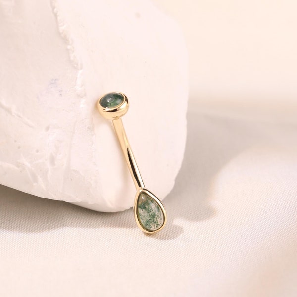 14K Solid Gold Moss Agate Internal Threaded Rook Earring Belly Button Ring Curved Barbell Earring Eyebrow Ring Rook Snug Navel Piercing 16g