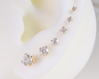14K Solid Gold Round Moissanite Diamond Stud Earring/4 Prong Minimalist Piercing Set/Dainty Lobe Cartilage Conch Helix Jewelry/Nose Stud