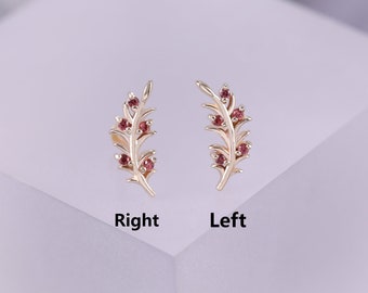 14K Solid Gold Orange Sapphire Olive Branch Stud Earring/Leaf Shape Stud/Threadless Push Pin Stud/Orange Sapphire Helix Conch Stud Piercing