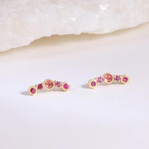 14K Solid Gold Pink Gemstone Ear Climber/Ruby Tourmaline Rhodolite Stud/Dainty Helix Cartilage Piercing/Threadless Curved Climber Earring