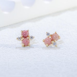 14k Solid Gold Rhodochrosite Bear Earring/Moissanite Cartilage Piercing Stud/Threadless Push Pin/Rhodochrosite Conch Helix Stud/Nose Stud