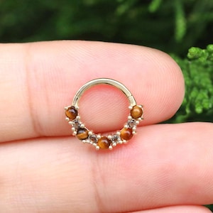 14K Solid Gold Tiger Eye Stone Smoky Quartz Clicker/Fancy Cluster Gemstone Septum Ring/Cartilage Hoop/Nose Ring/Conch Hoop/Daith Huggie Ring
