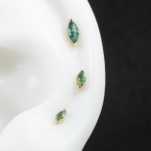 14k Solid Gold Moss Agate Marquise Earring/Moss Agate Cartilage Helix Stud/Gold Tragus Conch Piercing/Flat Back Earring/Threadless Push Pin