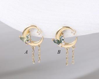 14K Solid Gold Moss Agate with Moissanite Butterfly Stud/Tanzanite Dangle Chain Crescent Earring/Moon Cartilage Helix Flat Back Piercing