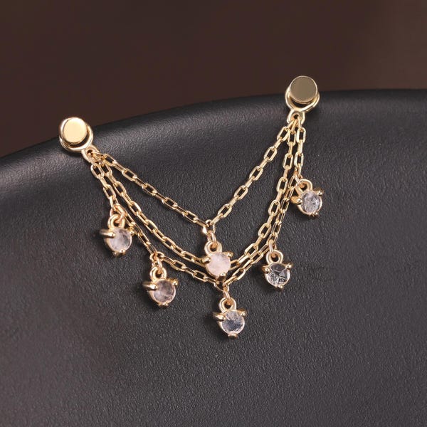 14K Solid Gold Labradorite Triple Chain Attachment/Gemstone Industrial Chain Earring Piercing/Nose Linking Chain/Cartilage Jacket Chain Drop