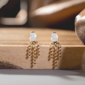 14K Solid Gold Opal Dangle Chain Stud/Flat Back Earring/Opal Conch Cartilage Drop Earring/Dainty Threadless Labret Piercing/Christmas Gift