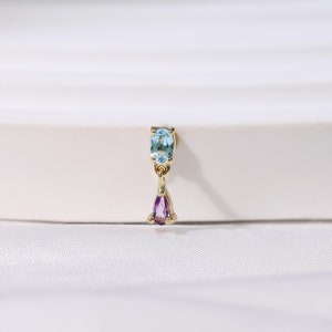 14K Solid Gold Swiss Blue Topaz Drop Earring/Delicate Amethyst Dangle Stud/Helix Earlobe Cartilage Labret Piercing/Threadless Push Pin Stud