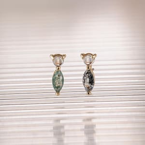 14K Solid Gold Moonstone Black Hair Quartz Moss Agate Earring/Marquise Gemstone Cartilage Conch Helix Stud/Flat Back Earring/Threadless Stud