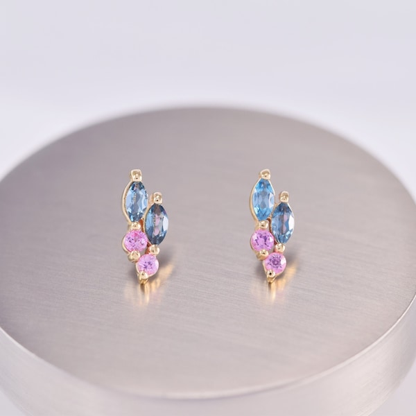 14K Solid Gold Cluster Sapphire Stud Earring/London Blue Topaz Helix Stud/Pink Sapphire Conch Earring/Threadless Push Pin/Tragus Earring