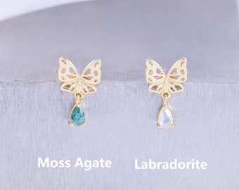 14K Solid Gold Labradorite Butterfly Drop Earring/Moss Agate Pear Dangle Piercing/Cartilage Jewelry/Butterfly Threadless Stud/Conch Earring
