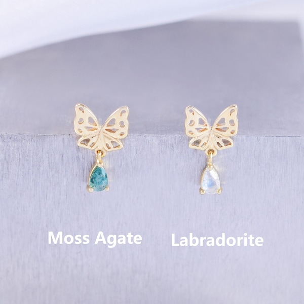 Boucles d'oreilles pendantes papillon labradorite en or massif 14 carats/agate mousse/poire pendants piercing/bijoux de cartilage/boucle d'oreille papillon sans filetage/conque