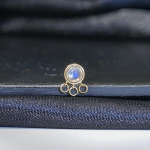 14k Solid Gold Moonstone Dangle Ring Stud Earring/Moonstone Conch Tragus Cartilage Piercing Stud/Flat Back Earring/Threadless Push Pin