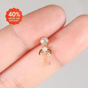 14k Solid Gold Moonstone Dangle Earring/Moissanite Piercing Stud/Gold Cartilage Chain Stud/Threadless Conch Helix Earring/Flat Back Earring