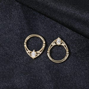 May include: Two gold-colored nose rings with a gemstone. One ring is a teardrop shape, and the other is a circle with a decorative top. Both rings have a small, clear gemstone in the center. The background is a dark, textured fabric.