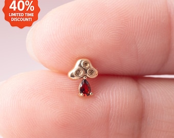 14K Solid Gold Garnet Stud Earring • Mushroom Cartilage Piercing • Dainty Helix Tragus Conch Stud • Threadless Push Back Earring • Nose Stud
