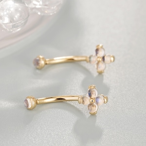 14K Solid Gold Flower Threaded Rook Earring/Moonstone Curved Barbell Earring/Eyebrow Ring/Belly Button Ring/Rook Body Piercing Jewelry 16G