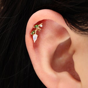 14K Solid Gold Moonstone Leaf Earrings/Diopside Gemstone Stud/Citrine and Moissanite Earring/Leaf Helix Threadless Stud/Flat Back Earring