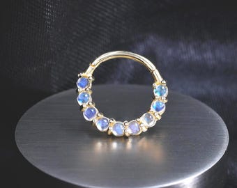 14K Solid White/Yellow Gold Moonstone Hoop Clicker/Gemstone Septum Ring/Elegant Huggie Hoop Earring/Nose Ring/Conch Helix Daith Piercing