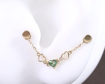 14k Solid Gold Moss Agate Chain Attachment/Heart Shape Chain Piercing/Linking Chain Connector/Moss Agate Loop Chain/Dangle Cartilage Chain