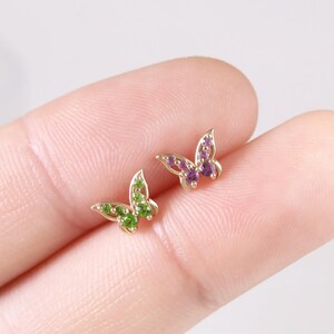 14k Solid Gold Amethyst Butterfly Stud/Diopside Cartilage Piercing Stud/Threadless Earlobe Conch Helix Earring/Flat Back Earring/Nose Stud