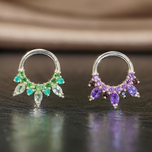 14K Solid Gold Amethyst Septum Ring/Peridot Hoop Clicker/Cluster Diopside Daith Earring/Garnet Cartilage Clicker/Nose Septum Hoop 16g