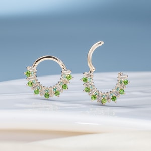 14K Solid Gold Chrome Diopside Daith Piercing/Chrysoprase Hinged Ring/16g Nose Septum Ring/White Topaz Hoop Earring/Helix Clicker Earring