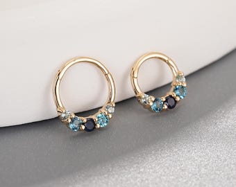 14k Solid Gold Sapphire Clicker/ Blue Topaz Nose Septum Ring/ Dainty Daith Cartilage Piercing Jewelry/ Minimalist Piercing Huggie Hoop 18g