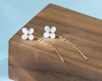 14K Solid Gold Mother of Pearl Flower Threader • Dainty Long Drop Chain Earring • Gold Lobe Threader Floral Jewelry • Single (Half Pair)