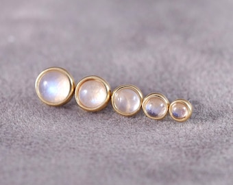 14K Solid Gold Moonstone Stud Bezel Set Threadless Push Pin Flat Back Earring Dainty Helix Conch Cartilage Piercing Jewelry Nose Stud
