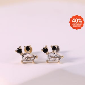 14k Solid Gold Black Rutilated Quartz Stud/Mickey Mouse Head Cartilage Piercing/Black Onyx Helix Stud/Flat Back Earring/Theadless Push Pin