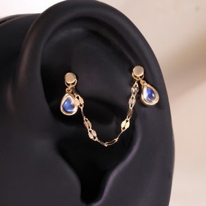 14K Solid Gold Dangle Moonstone Chain Attachment/Teardrop Moonstone Chain/Linking Chain Connector/Gemstone Loop Chain/Gold Cartilage Chain
