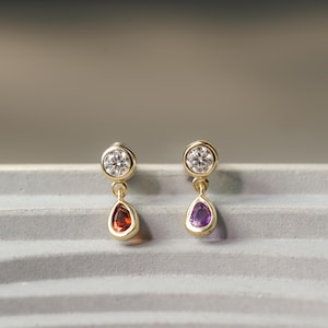 14K Solid Gold Amethyst Dangle Cartilage Earring/Conch Earlobe Helix Piercing/Garnet Drop Stud/Threadless Push Pin/Flat Back Earring
