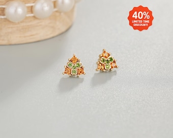 14K Solid Gold Fanta Orange Garnet Triangle Stud Earring, Chrome Diopside Cartilage Helix Lobe Piercing Jewelry, Dainty Gemstone Nose Stud