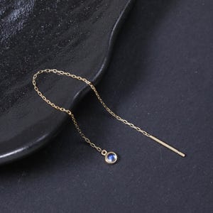 14K Solid Gold Moonstone Threader Earring, Dainty Long Chain Ear Line Wrap Stud, Dangle Gemstone Cartilage Helix Earlobe Pull Through