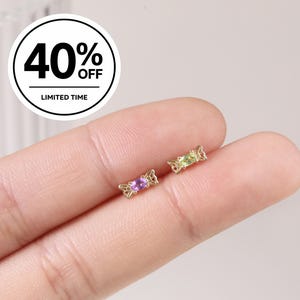 14k Solid Gold Amethyst Butterfly Stud/Diopside Cartilage Piercing Stud/Threadless Earlobe Conch Helix Earring/Flat Back Earring/Nose Stud