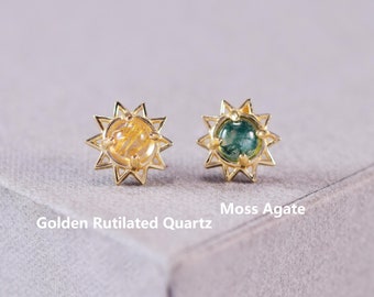14K Solid Gold Moss Agate Sun Stud/Sun Shape Golden Rutilated Quartz  Helix Stud/Threadless Push Pin Labret/Helix Conch Tragus Stud Piercing