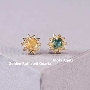 14K Solid Gold Moss Agate Sun Stud/Sun Shape Golden Rutilated Quartz  Helix Stud/Threadless Push Pin Labret/Helix Conch Tragus Stud Piercing