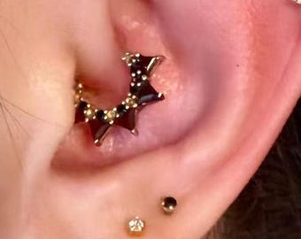 14k Solid Gold Garnet Daith Hoop Clicker/Black Spinel Septum Ring/Moonstone Cartilage Hoop/Garnet Nose Ring/Moonstone Daith Huggie Ring 16g