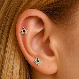 14K Solid Gold Chrysoprase Baguette Stud/Garnet Cartilage Piercing/White Topaz Conch Helix Tragus Earring/Labret Stud/Threadless Push Pin