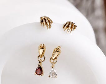 14K Solid Gold Devil Claw Vertical Helix Earring/ Teardrop Garnet Moissanite Dangle Cartilage Piercing/ Gothic Internally Threaded Jewelry