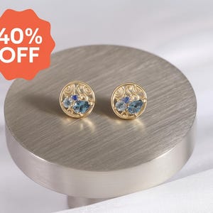 14k Solid Gold Swiss Blue Topaz Stud/London Blue Topaz Cartilage Stud/Blue Sapphire Conch Tragus Piercing/Helix Labret Threadless Push Pin