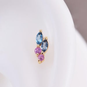14k Solid Gold Cluster Sapphire Stud Earring/London Blue Topaz Helix Stud/Pink Sapphire Conch Earring/Threadless Push Pin/Tragus Earring
