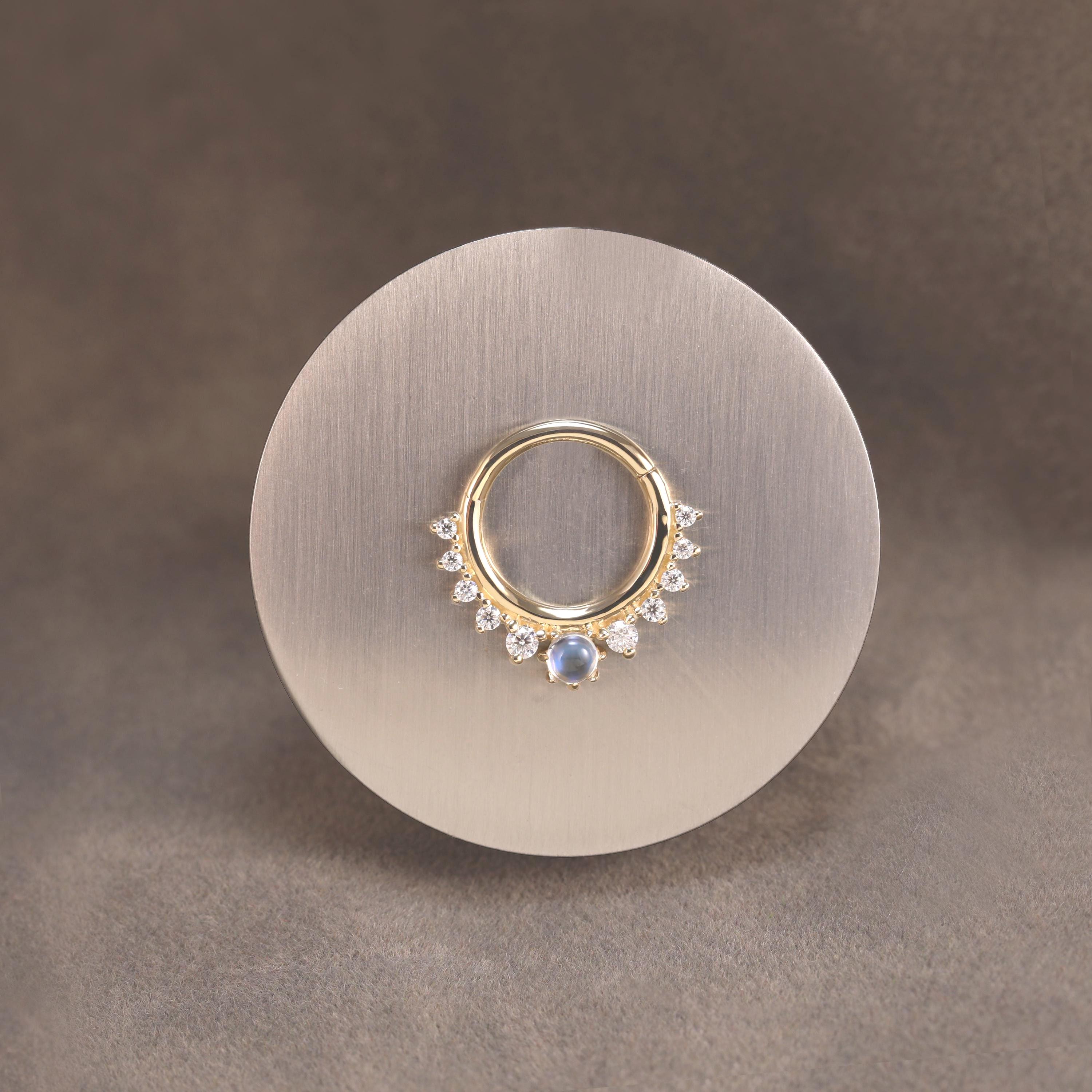 14K Solid Gold Moonstone Clicker/Gold Daith Hoop/Moonstone Septum Ring/Moissanite Nose Ring/Gold Helix Ring/Nose Piecing/Gold Conch Ring 16g