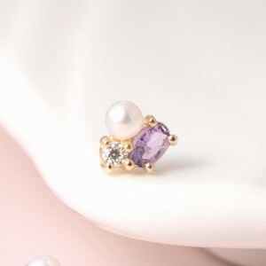 14k Solid Gold Pearl Stud Earring/Amethyst Cartilage Piercing Stud/Moissanite Helix Conch Tragus Daith Earring/Threadless Push Pin/Nose Stud