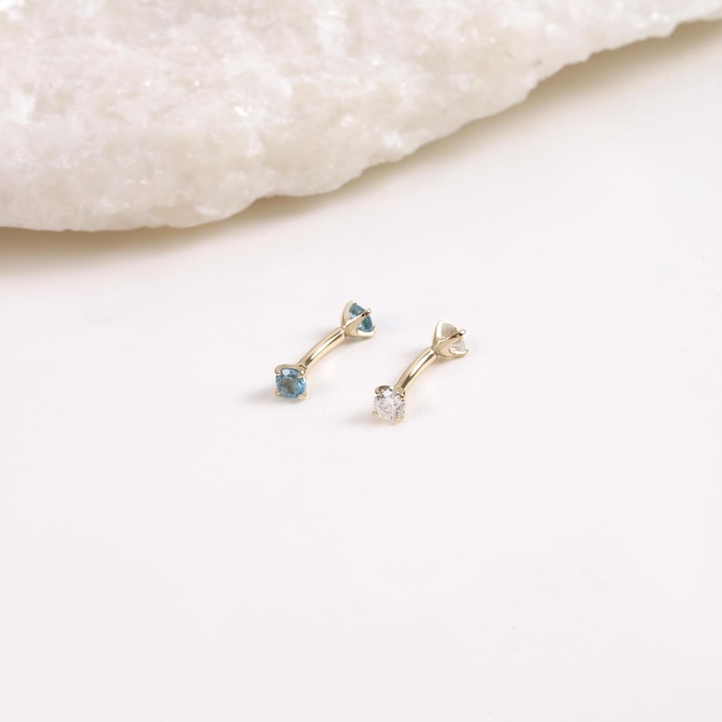 14K Solid Gold Moissanite Rook Curved Barbell, Dainty London Blue Topaz Eyebrow Ring, Minimalist Rook Internally Threaded Piercing Jewelry image 2