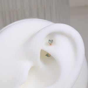 14K Solid Gold Moissanite Rook Curved Barbell, Dainty London Blue Topaz Eyebrow Ring, Minimalist Rook Internally Threaded Piercing Jewelry image 3