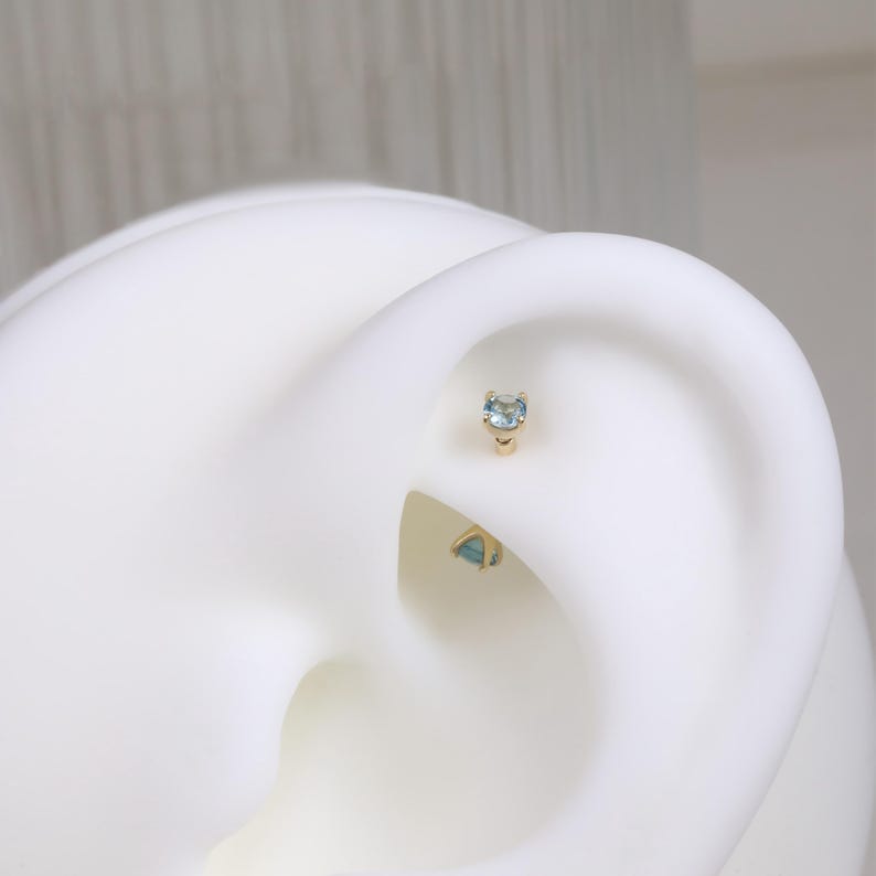 14K Solid Gold Moissanite Rook Curved Barbell, Dainty London Blue Topaz Eyebrow Ring, Minimalist Rook Internally Threaded Piercing Jewelry image 3